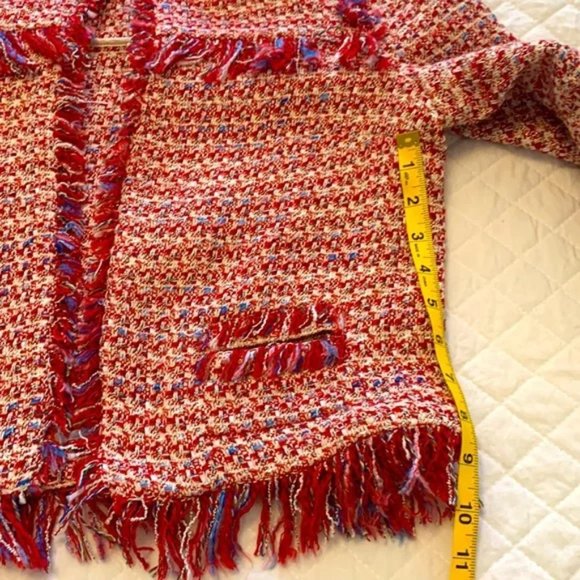 ZARA Boho blazer jacket frayed fringe tweed influencer fave red white sz medium - Picture 3 of 8